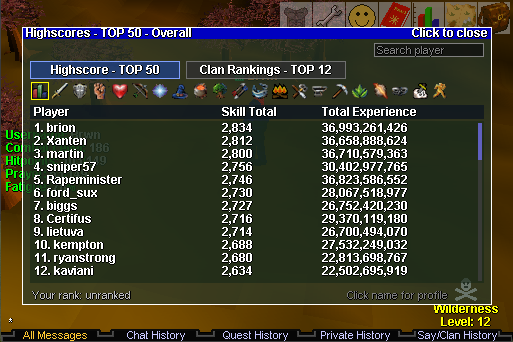 In-game highscores window listing the top players