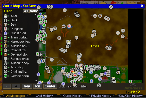 In-game world map with shops, banks, and a marker for you