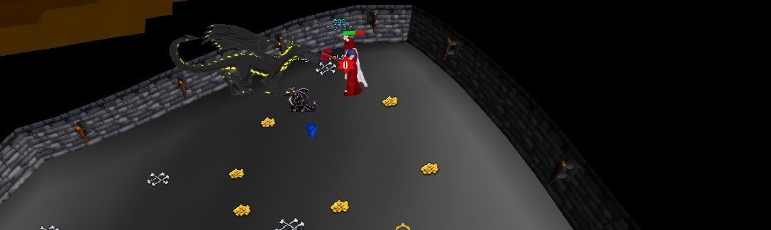 A player fighting the King Black Dragon on a stone platform, with coins on the floor