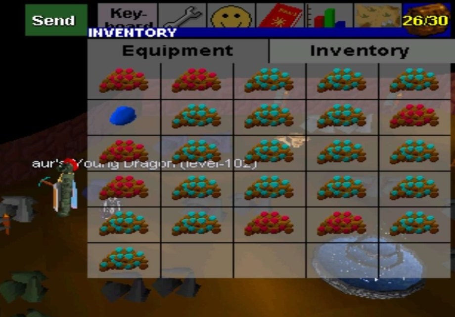 A young obsidian dragon beside an inventory full of runite ore